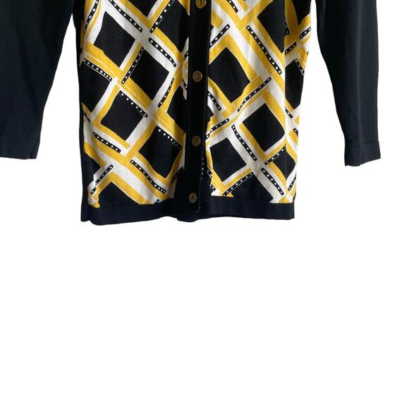 August Silk Women Cardigan Sweater S Navy Yellow Geometric Print Preppy Academia - Picture 7 of 11